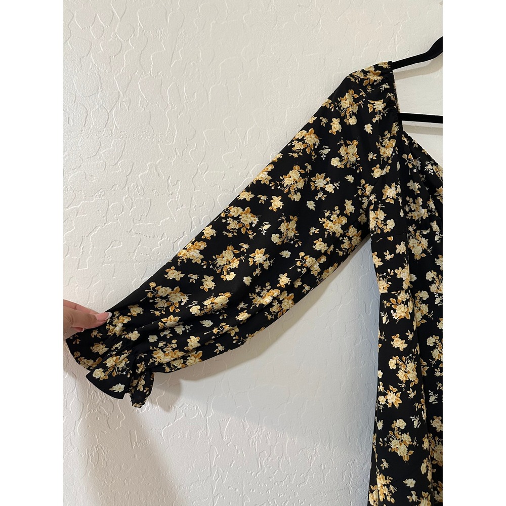 Floral Midi Dress Black Yellow Cottagecore Long Balloon Sleeve Slit L Babydoll - Picture 3 of 12